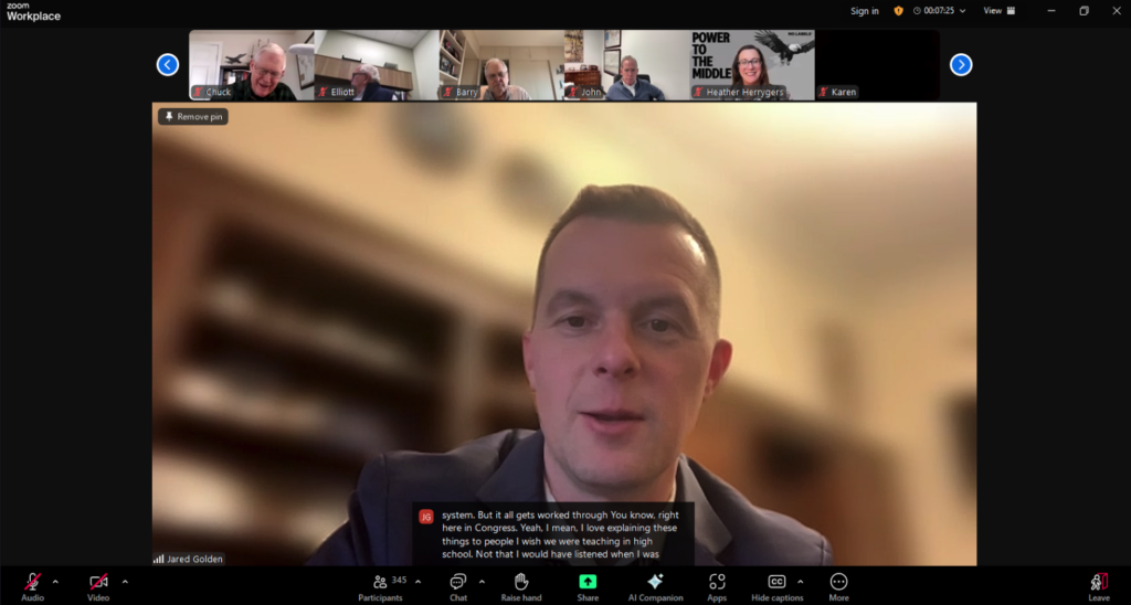 Screenshot from Rep. Jared Golden's call with Maine's No Labels